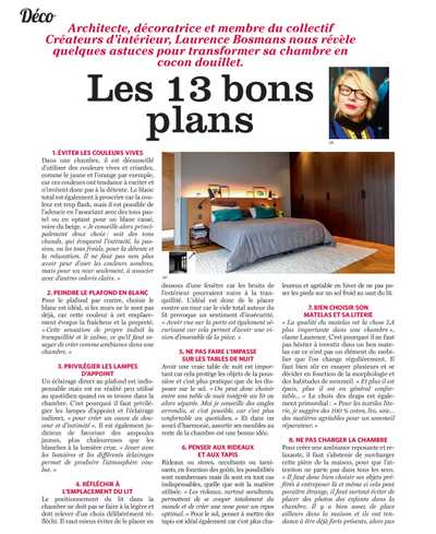 Article du magazine Soir Mag sur les bons conseils décoration d'une chambre à coucher